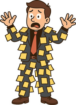 A humorous depiction of a businessman swamped with post-it notes