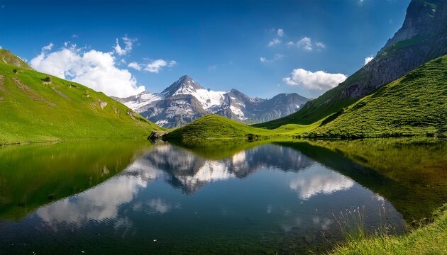 alpine lake reflections and verdant hills
