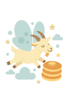 Naklejki A whimsical goat, sporting bubble wings, soars alongside pancakes in a dreamy sky