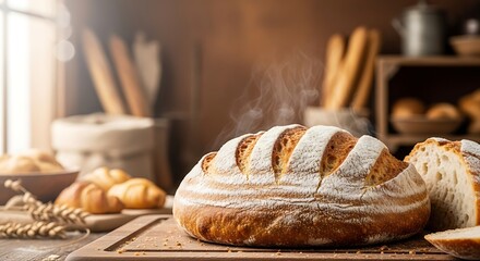 Close up of freshly baked bread loaf and sliced bread on a wooden cutting board in a bakery setting