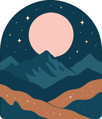 Obraz premium A rosy moon climbs above a glittering, mountainous panorama