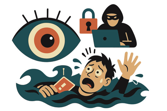 A 3D retro abstract creative artwork template collage depicting a frightened man drowning, a large watching eye, and a hacker spying on personal information, all under threat