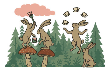 In a surreal landscape, hares perform absurd feats—painting the sky pink, juggling teacups, and balancing on giant mushrooms—while rabbits roam the forest