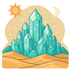 Obraz premium Radiant crystal mountains and a sandy desert scene under a sky featuring both sun and moon