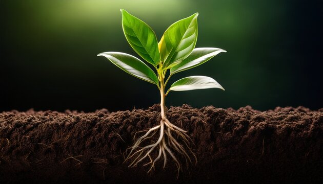 vibrant green plant with strong root system thriving in rich dark soil symbolizing growth and life - Powered by Adobe