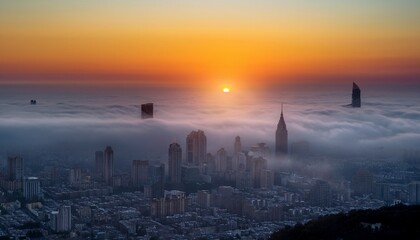 Obraz premium mysterious double suns pierce thick fog over city skyline at dawn creating an ethereal otherworldly atmosphere