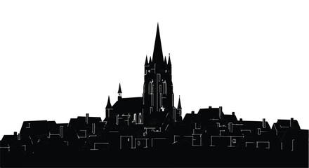 Fototapeta premium Silhouette of a historic European town with a prominent church steeple against a white background.