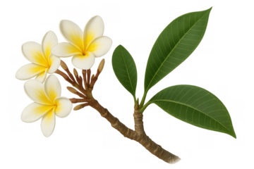 Plumeria frangipani flower branch with white and yellow petals and green leaves, symbolizing tropical beauty and serenity, transparent background