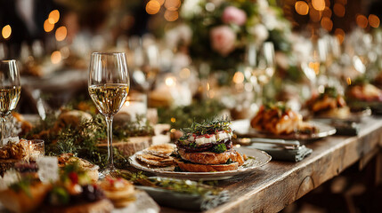 Table filled with beautifully arranged tasty food featuring vibrant dishes and decorative presentation representing culinary art, feast, celebration, and gourmet dining in a rich inviting setting