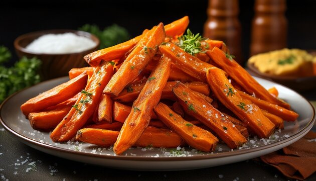 crispy sweet potato fries seasoned and piled high on a plate