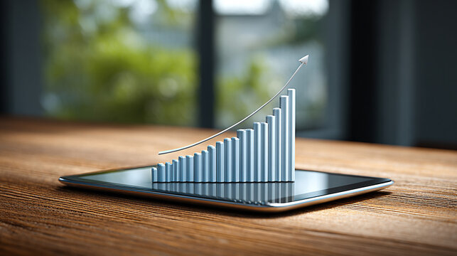 Tablet displaying a dividend growth chart with rising bars and financial data representing investment performance, business analytics, stock market trends, and modern digital finance visualization