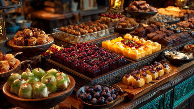 Table filled with beautifully arranged tasty food featuring vibrant dishes and decorative presentation representing culinary art, feast, celebration, and gourmet dining in a rich inviting setting