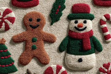 Cozy holiday background featuring knitted cheerful gingerbread figure, smiling snowman, candy canes, holly leaves, and festive treats in winter sweater&ndash;style textures