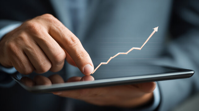 Tablet displaying a dividend growth chart with rising bars and financial data representing investment performance, business analytics, stock market trends, and modern digital finance visualization