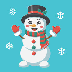 Cute illustration of Christmas snowman. Snowman in Christmas costume. Symbol of Christmas and winter. Vector cartoon illustration isolated on blue background.