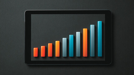 Tablet displaying a dividend growth chart with rising bars and financial data representing investment performance, business analytics, stock market trends, and modern digital finance visualization