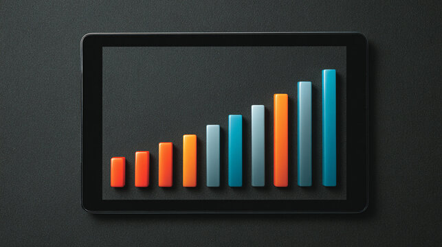Tablet displaying a dividend growth chart with rising bars and financial data representing investment performance, business analytics, stock market trends, and modern digital finance visualization