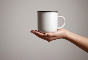 Minimal neutral hand holding white camping mug composition for outdoor lifestyle visuals or adventure themed marketing campaigns creating product photography elements