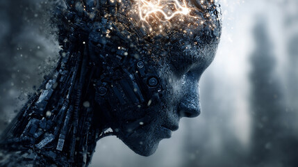 Fusion of human mind with technology, visualizing neural connections, digital overlays, and AI integration, symbolizing advanced cognition and futuristic innovation.