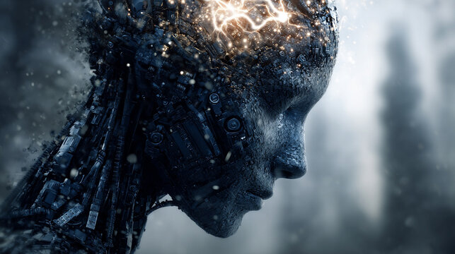 Fusion of human mind with technology, visualizing neural connections, digital overlays, and AI integration, symbolizing advanced cognition and futuristic innovation.
