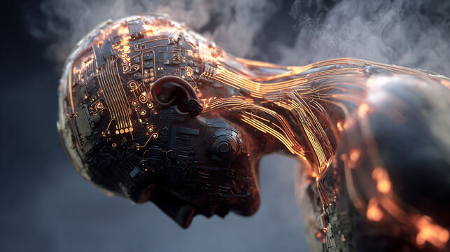 Fusion of human mind with technology, visualizing neural connections, digital overlays, and AI integration, symbolizing advanced cognition and futuristic innovation.