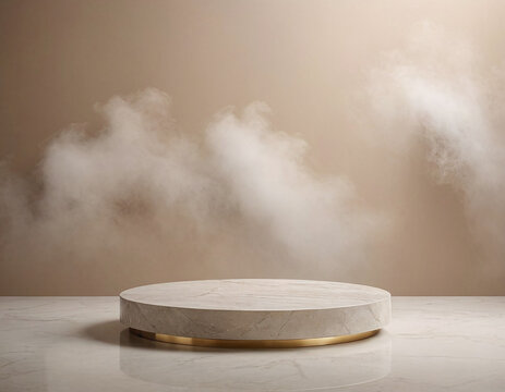 Premium product presentation visuals with polished stone podium featuring soft mist for luxury shoot or high end photography applications creating elegant composition elements