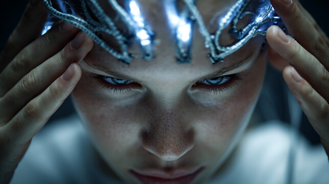 Fusion of human mind with technology, visualizing neural connections, digital overlays, and AI integration, symbolizing advanced cognition and futuristic innovation.