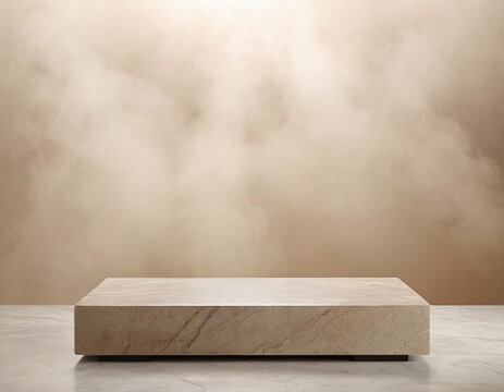 Luxury presentation visuals featuring polished stone podium with soft mist for high end photography or e commerce applications creating premium product visuals composition