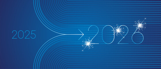 2025 change into 2026 with blue line art design numbers and sparkle firework on blue background. Concept of new year transition, innovation, goal setting, direction and strategic planning