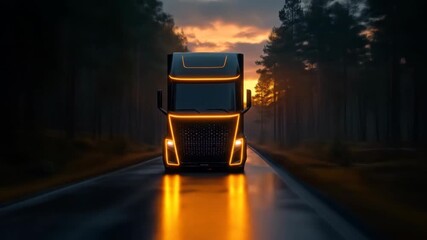 A futuristic black truck with neon highlights drives down a dark road in a forest at sunset - Powered by Adobe