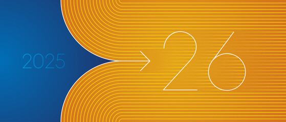 2025 change into 2026 with orange yellow line art design numbers on blue orange background. Concept of new year transition, innovation, goal setting, direction and strategic planning