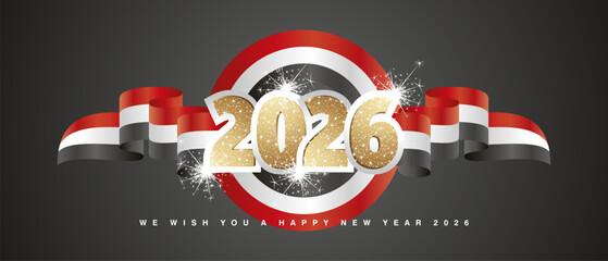2026 New Year concept design template with golden glitter number front on Egypt Iraq Syria red white black wavy flag ribbon. 2026 design vector with light sparkle firework isolated on black background