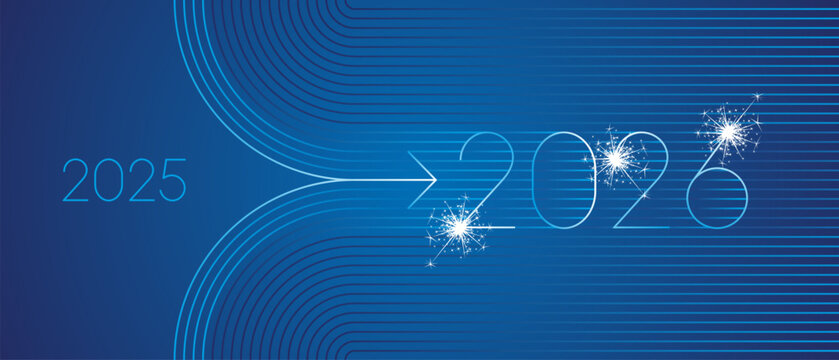 2025 change into 2026 with blue line art design numbers and sparkle firework on blue background. Concept of new year transition, innovation, goal setting, direction and strategic planning