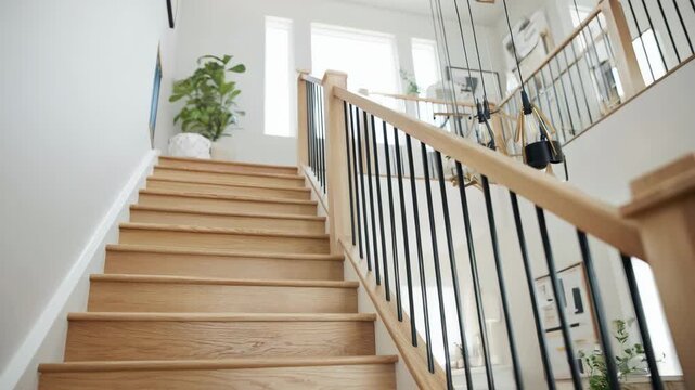Medium shot capturing a straight wooden staircase with metal balusters showcasing clean lines and contemporary design in a bright interior space.