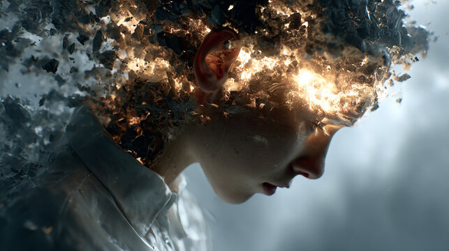 Fusion of human mind with technology, visualizing neural connections, digital overlays, and AI integration, symbolizing advanced cognition and futuristic innovation.