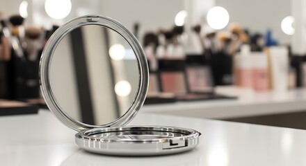 Close up of a silver compact mirror on a white surface with makeup in the blurred background