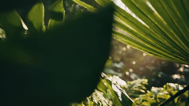 Lush tropical jungle scene with diverse array of leafy foliage, warm sunlight filtering through trees, bird perched on branch, capturing the serene concept of growth and renewal.