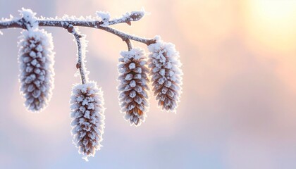 Naklejka premium 枝先の冬芽が霜に包まれ、冷たい空気の中で繊細な質感を見せる。 背景には遠くの雪景色が美しくぼけ、奥行きと冬特有の静けさが強調される。