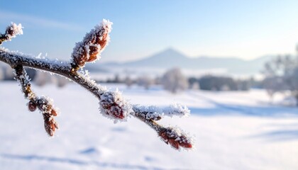 枝先の冬芽が霜に包まれ、冷たい空気の中で繊細な質感を見せる。
背景には遠くの雪景色が美しくぼけ、奥行きと冬特有の静けさが強調される。