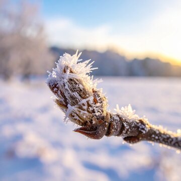 枝先の冬芽が霜に包まれ、冷たい空気の中で繊細な質感を見せる。
背景には遠くの雪景色が美しくぼけ、奥行きと冬特有の静けさが強調される。