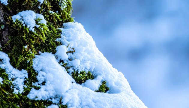 樹木の幹に生えたモスの上に雪がそっと積もり、冷たい青みを帯びた冬光が静かに差し込む情景。
細かな雪粒と苔の柔らかな質感が際立ち、自然の奥深い静けさを感じさせる。