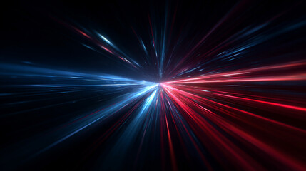 Fototapeta premium Traveling through space and time along blue and red neon rays, with futuristic flying lines, evoking hyperspace, hyperjump, and interstellar exploration.