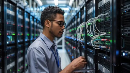 Data center technician connecting cables in server room for optimized performance and secure network solutions, showcasing modern technology and expertise