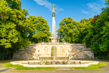 Angel of Peace Friedensengel Monument and Fountain on Summer Day. Munich, Bavaria, Germany