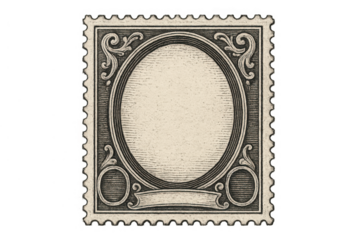 Vintage postage stamp template with blank oval frame and ornate scrollwork border for custom design
