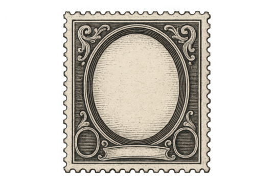 Vintage postage stamp template with blank oval frame and ornate scrollwork border for custom design