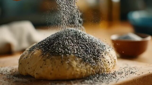 Medium frame showing a baker sprinkling omega3 packed chia seeds onto rising dough emphasizing healthful ingredient integration.