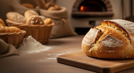 A loaf of bread on a wooden board with baskets and flour in the background near a brick oven door
