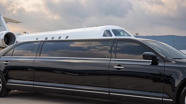 View of black luxury limousine car with private white jet in the background at the airport, private luxury escort