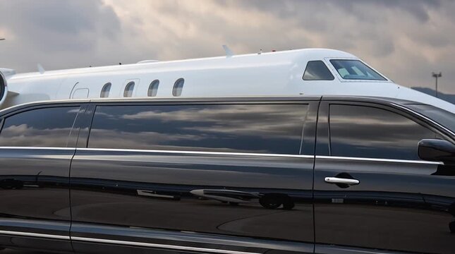 View of black luxury limousine car with private white jet in the background at the airport, private luxury escort